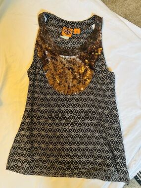 Tory Burch Black Tank Top with Gold Sequin Scoop Neck